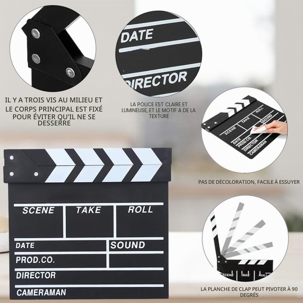 Rabat de Film - 20 x 20 cm - Director Flap Synchronous Flap - pour Film Acrylique - pour Film, séries TV, Accessoires de Prise de Vue, commerciaux (Noir - 1 pièce)