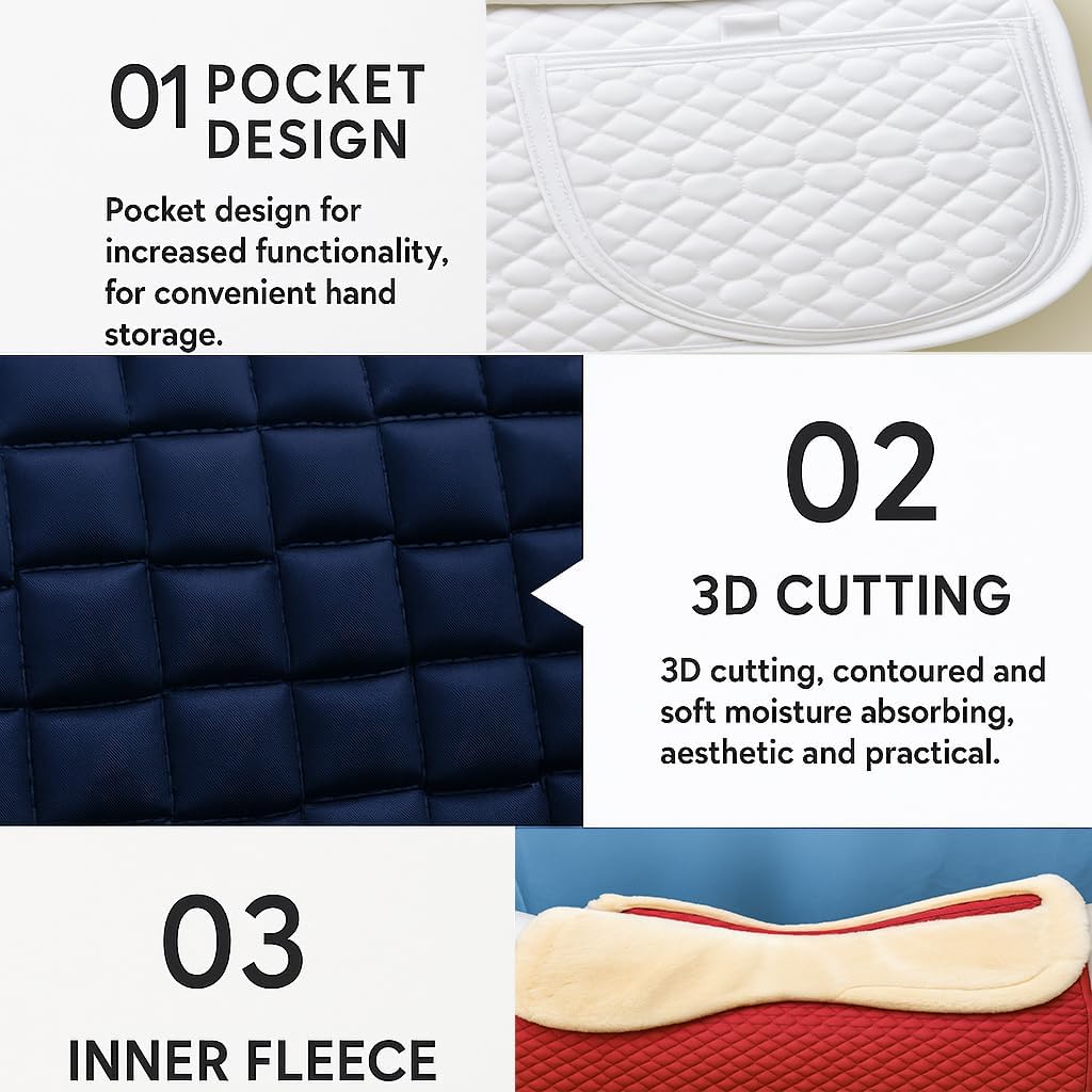 Universal English Saddle Pad with Adjustable Shims, Faux Shearling Trim, Plush Faux Wool, 3D Cooling & Non-Slip Tech. Ideal for Dressage, Jumping & Training. Machine Washable