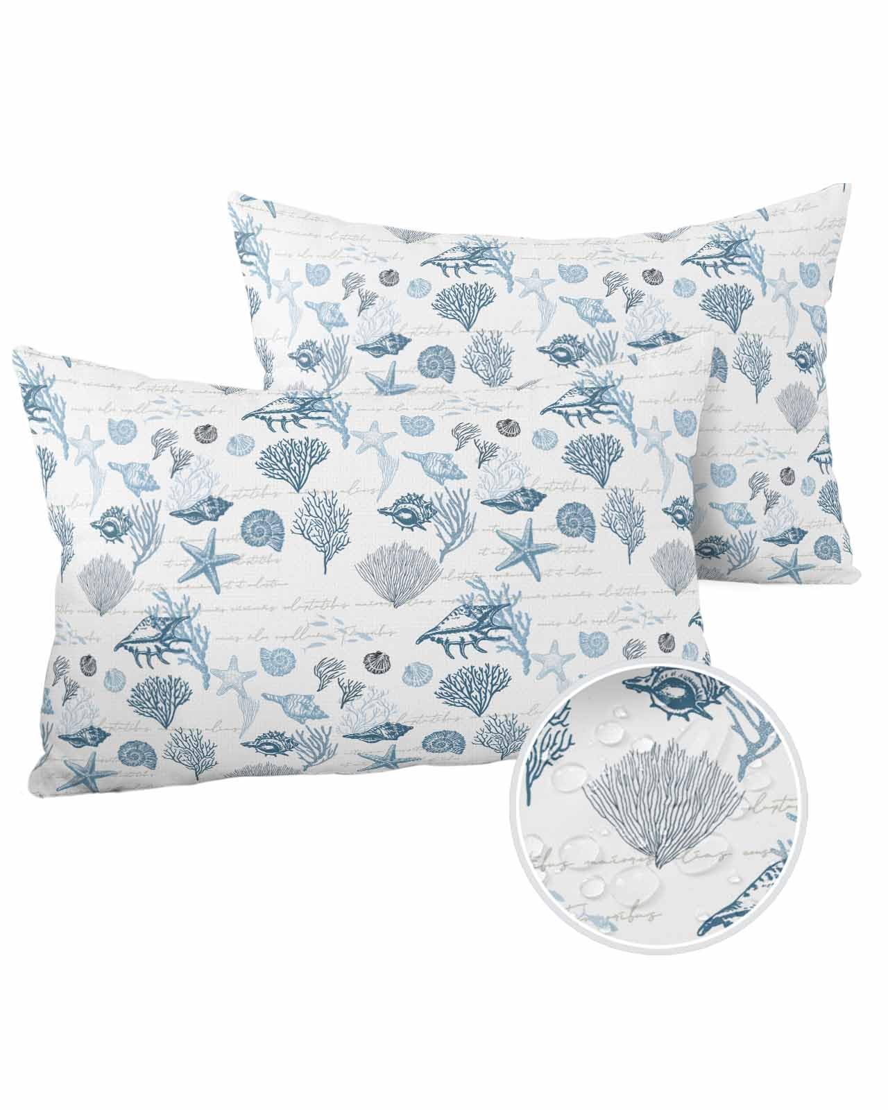 Boanket Lumbar Pillow Covers 12 x 20 In, Blue Coastal Waterproof Throw Pillow Cover Set of 2, Summer Beach Starfish Nautical Coral Shell Home Decorative Rectangle Cushion Covers for Patio/Couch/Garden