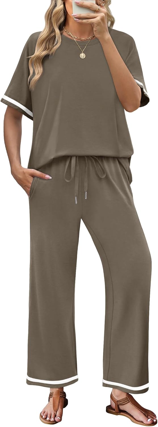 SAMPEEL 2 Piece Sets for Women Casual Summer Travel Vacation Outfits Short Sleeve Lounge Set