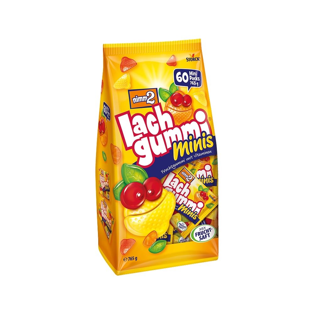 nimm2 Lachgummi Minis Beutel – 1 x 765 g (60 Mini Packs) – Fruchtgummi mit Fruchtsaft und Vitaminen – Einzeln verpacke Süßigkeiten-Tütchen