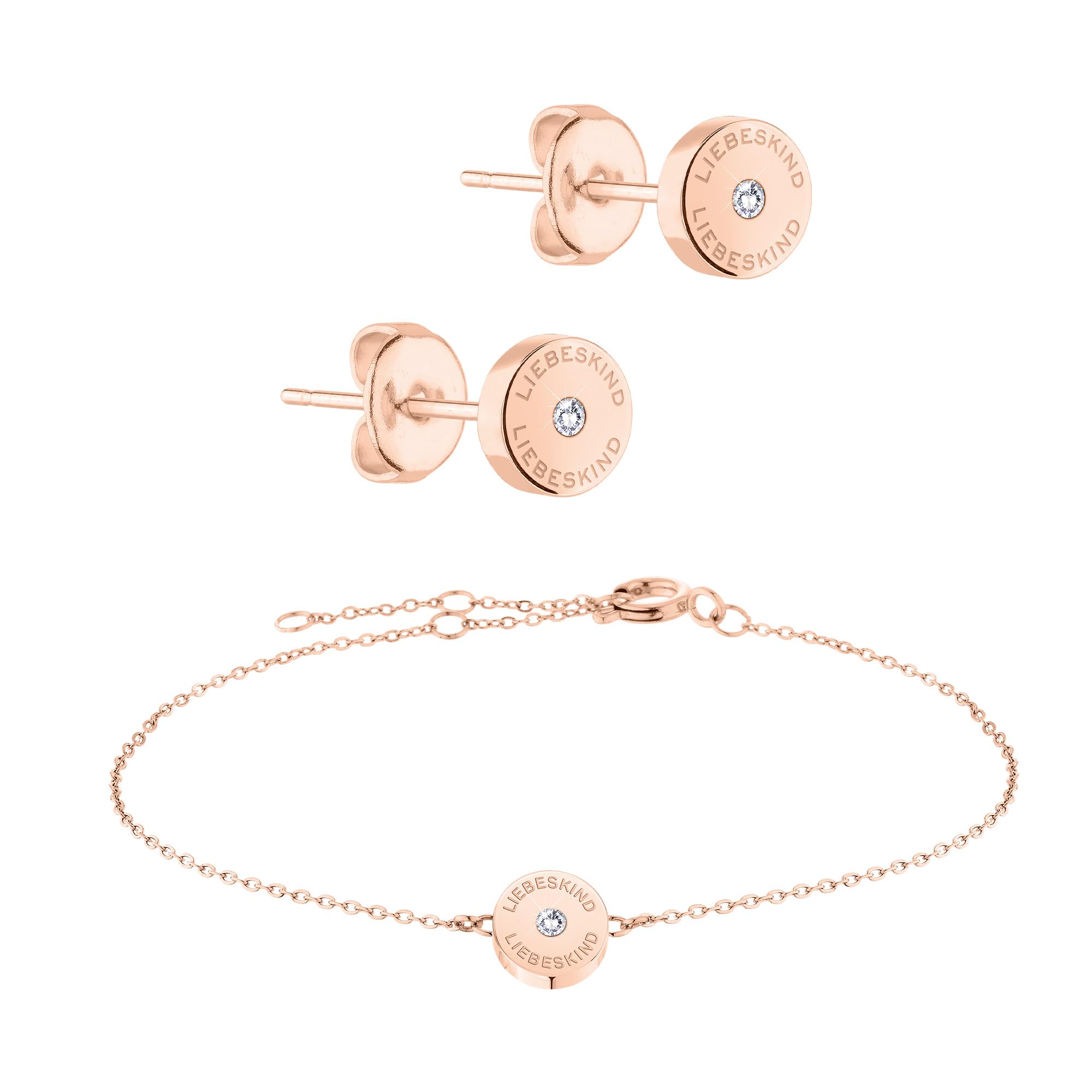 LIEBESKIND BERLIN Schmuck-Set mit Zirkonia-Stein - Elegantes Armband mit rundem Ohrstecker mit Zirkonia-Stein - IP Roségold - Ankerkette verstellbar bis 20 cm - wasserfest & hautfreundlich