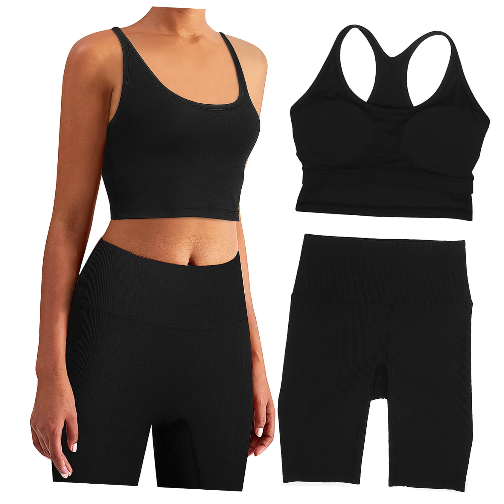 Conjunto Deportivo Mujer sin Costuras Top Cintura Alta Shorts Gimnasio Yoga Fitness Cómodo Clásico