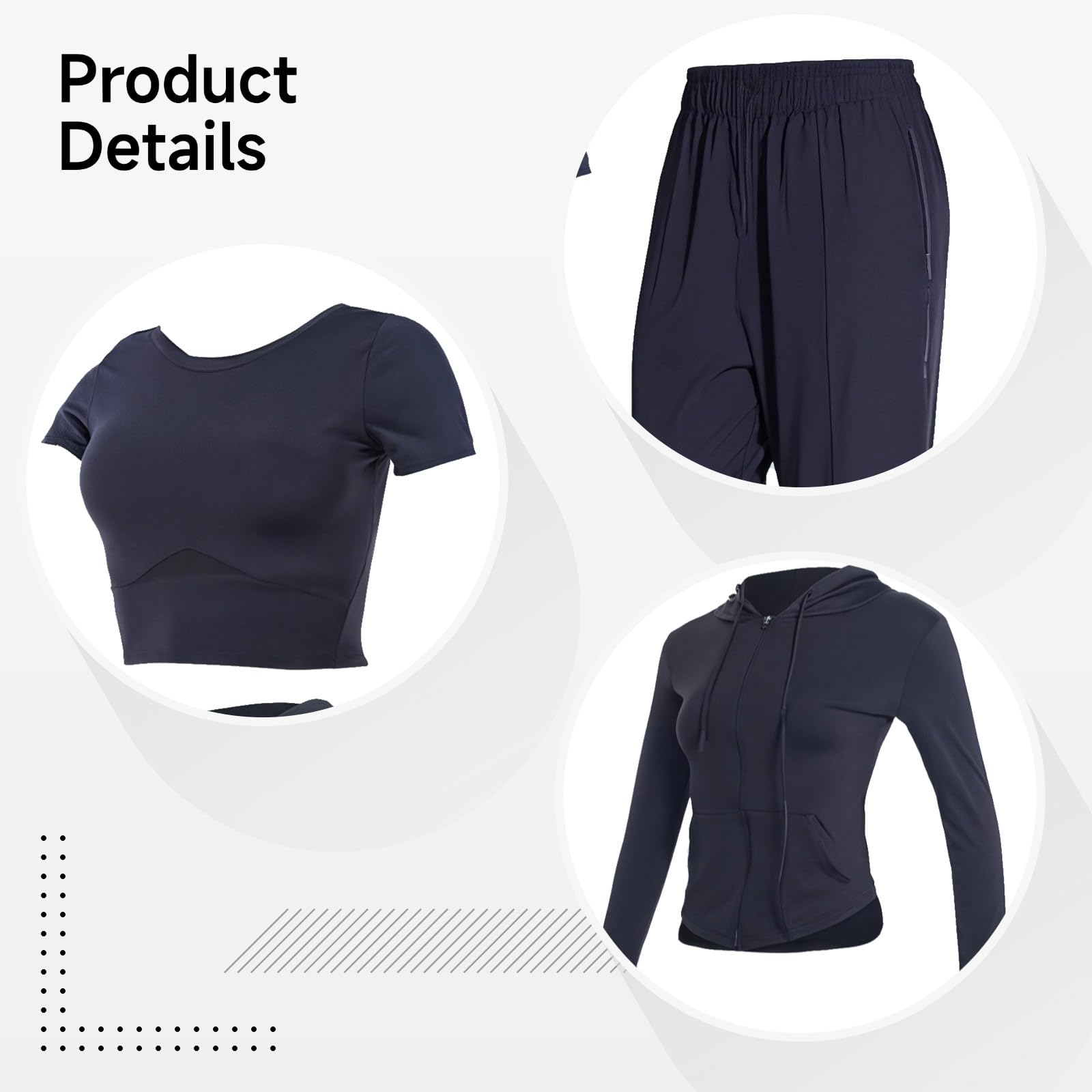 Damski zestaw odzieży fitness XXL - bluza z kapturem, koszulka i spodnie ze stretchu, nylon spandex, pasuje do wzrostu 176-298 cm, waga ciała 176-298, Czarny, XXL