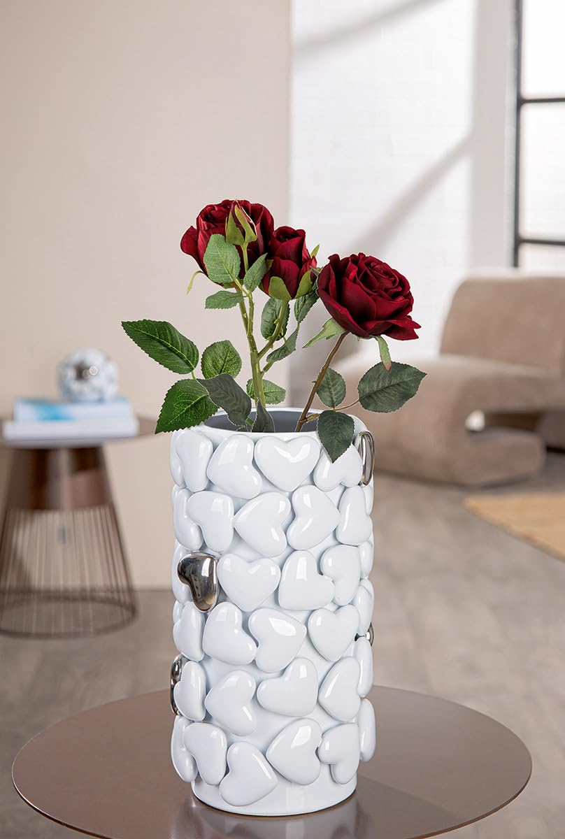 GILDE Hearts Ceramic Cylindrical Glazed White Heart Vase 31cm High 17cm Diameter