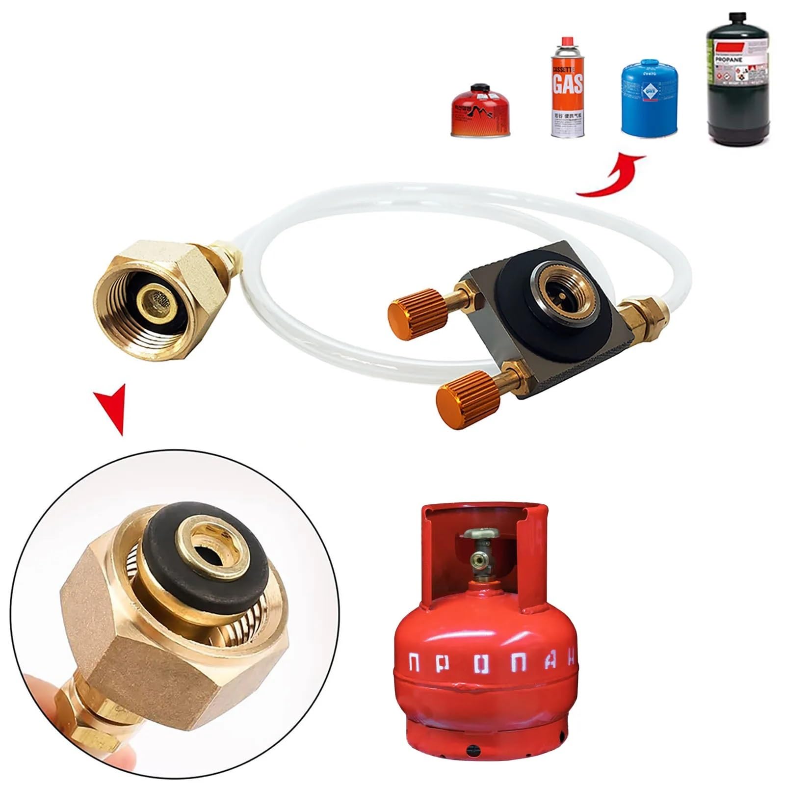 Adaptador de manguera cilíndrica, adaptador de recarga de propano, convertidor de manguera de recarga de combustible de butano vacío (RU a mapa)