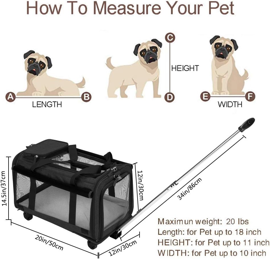 Bonnlo Cat Puppy Pet Wheels Rolling Carrier Stroller - 20"x12"x12" Soft Sided Pet Travel Carrier with BPA Free Travel Bowl, Removable Wheels & Durable Mesh Panels & Detachable Fleece Bed : Pet Supplies