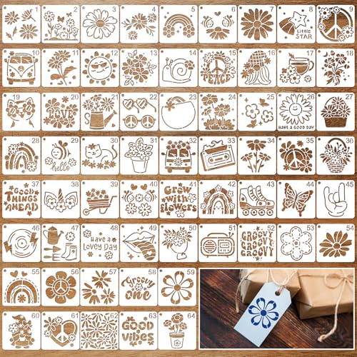 JSRQT 64 Piezas Plantillas Hippies para Pintar, Plantillas de Flores Reutilizables para Pintura, Painting Stencils Set,Ideal para Diarios, Postales, Lienzos Pequeños y Álbumes (7.6 x 7.6 cm)