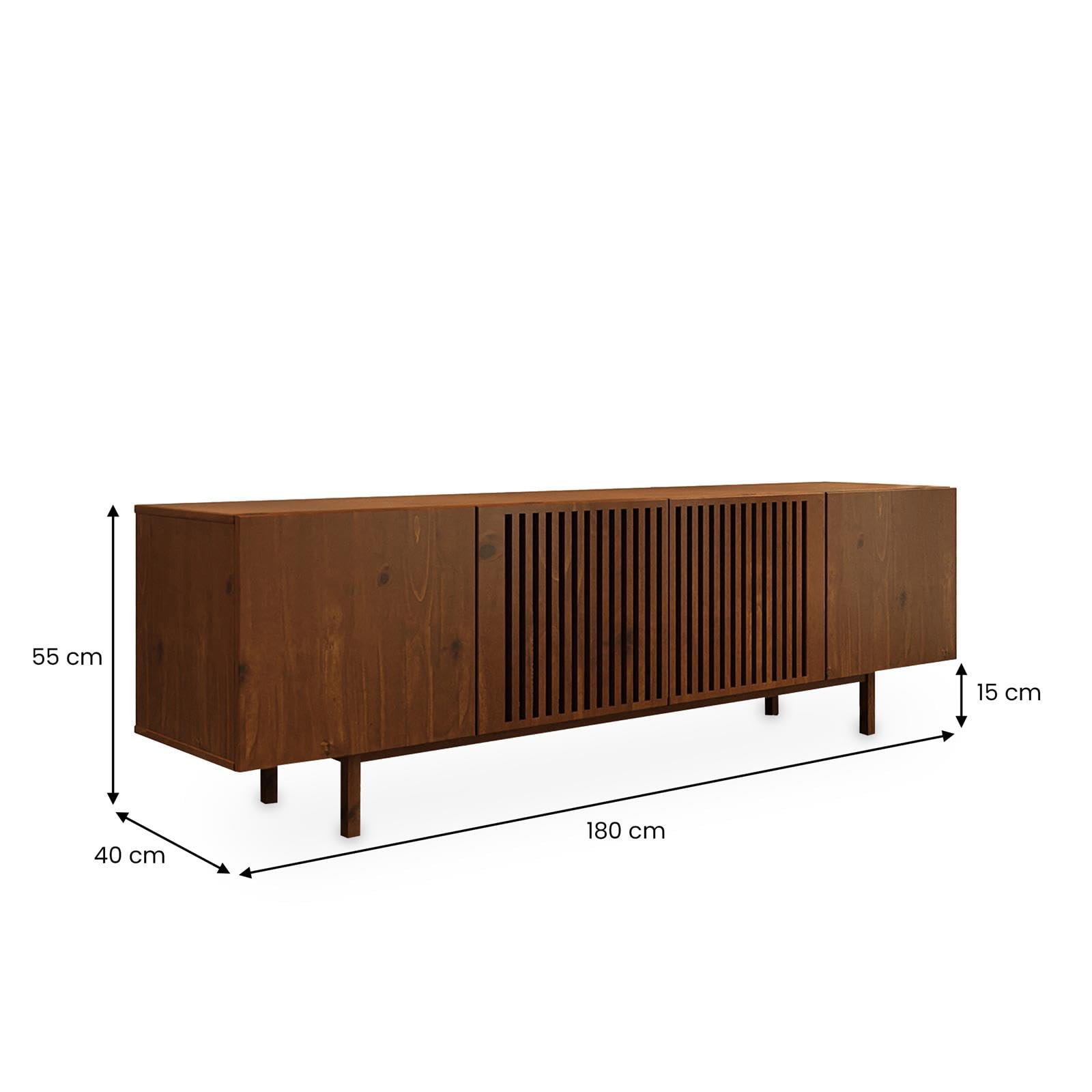 IDIMEX Lowboard Linn, 180 cm aus Massivholz, Kastanie Finish - TV Lowboard mit Lamellentüren, TV Schrank aus Kiefernholz, Sideboard für Wohnzimmer und Flur, niedrige Kommode mit Stauraum.