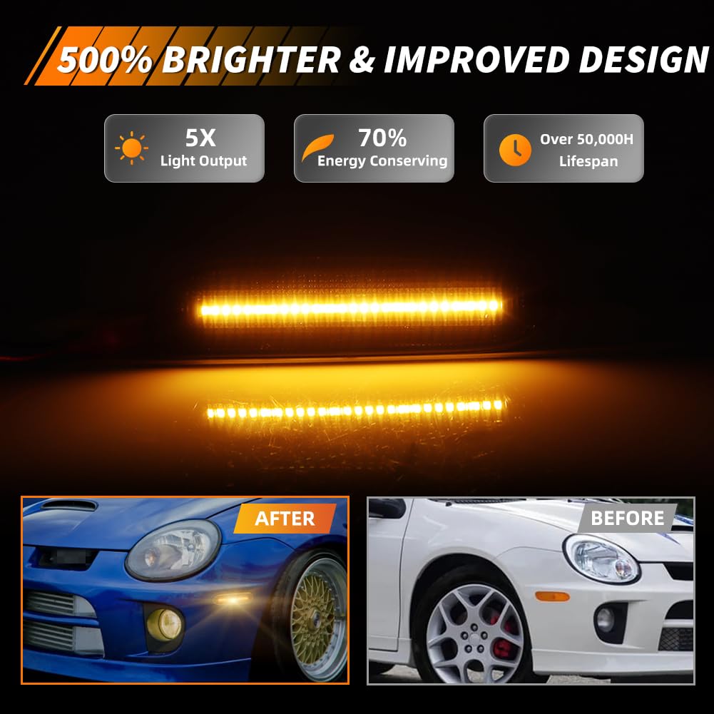 MOTRUM Front Side Marker Light Compatible with Dodge Neon 2000 2001 2002 2003 2004 2005, [DOT] [Waterproof] Amber LED Sidemarker Lamp, 1 Pair, Smoked Lens