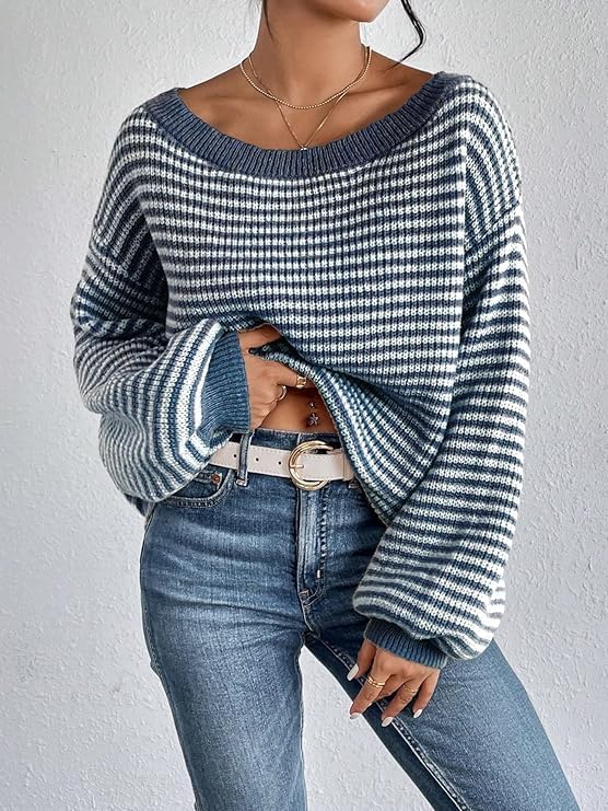 Women's Oversized Striped Sweater Casual Off The Shoulder Sweater Fall Long Sleeve Loose Knit Pullover Jumper Tops - Image 3