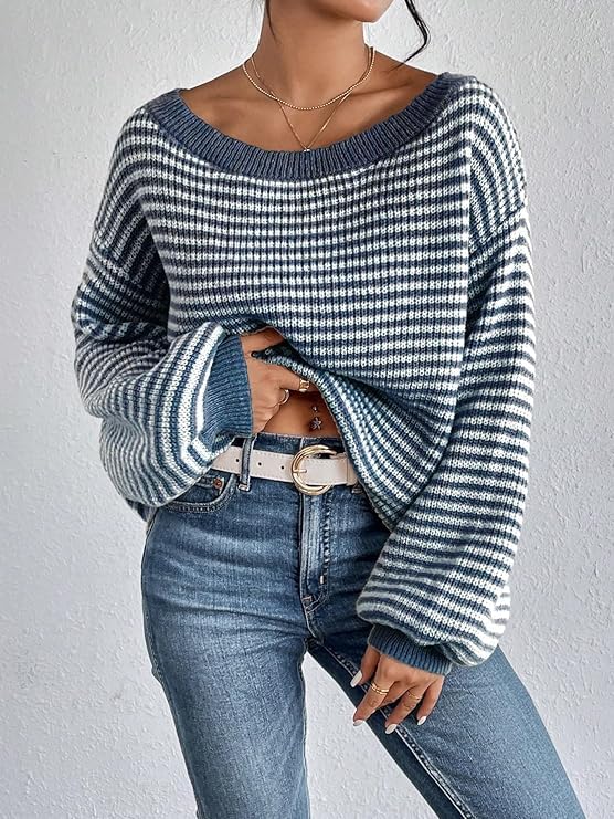Women's Oversized Striped Sweater Casual Off The Shoulder Sweater Fall Long Sleeve Loose Knit Pullover Jumper Tops3