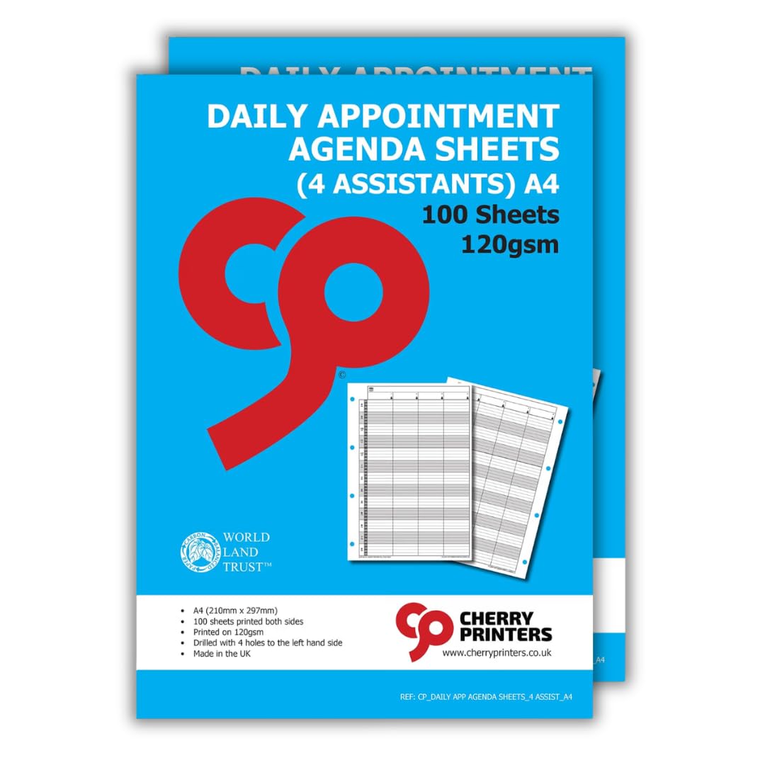 Cherry Printers | Daily Appointment Agenda Sheets | A4 4 Column | 2 Pack