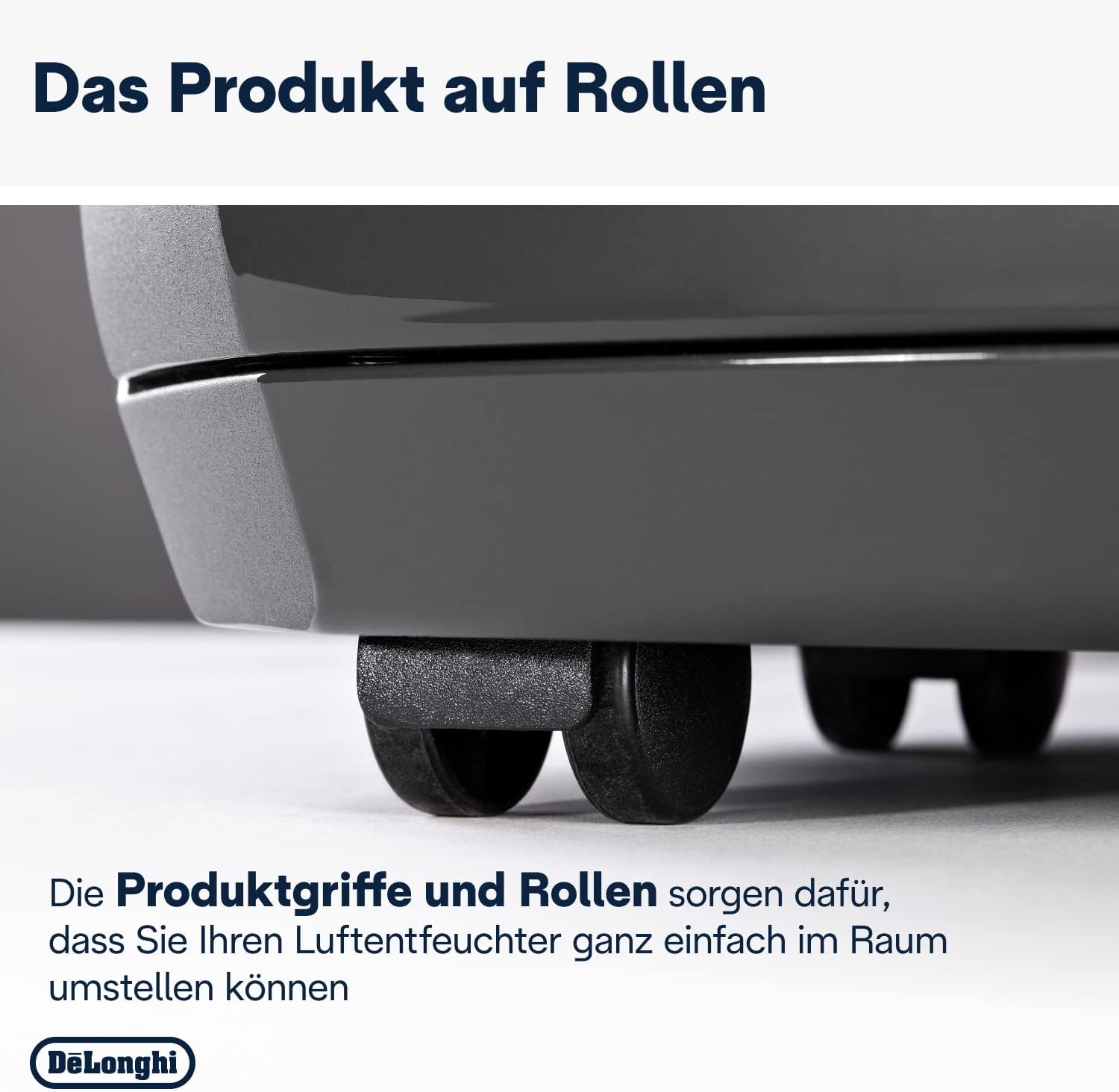 De'Longhi DDSX220WFA Dehumidifier showing its wheels