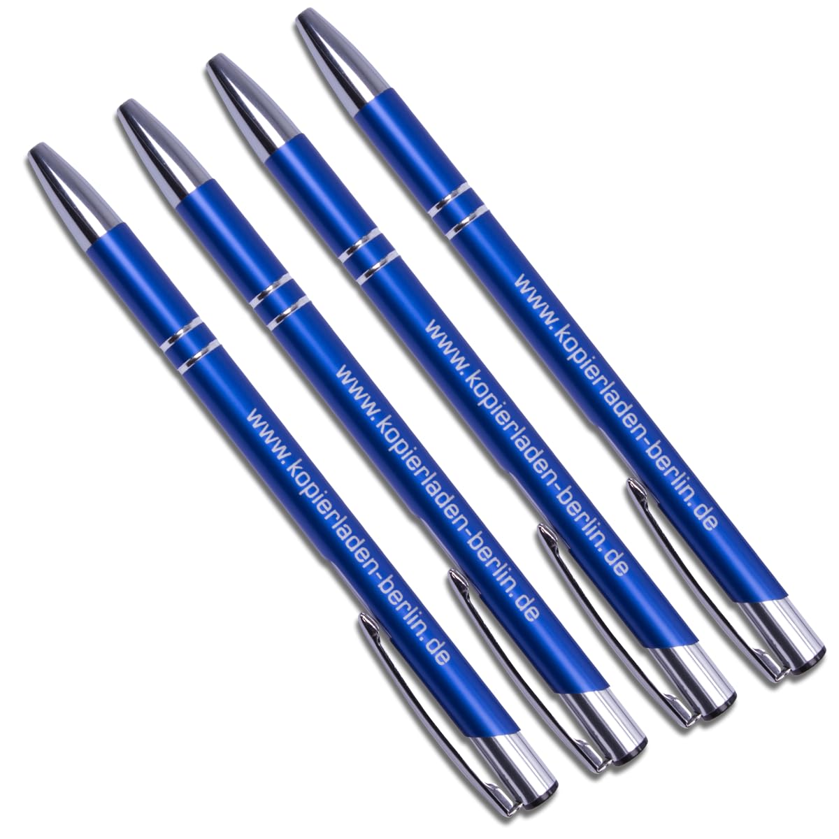 Kopierladen Karnath GmbH Personalisierbarer Kugelschreiber mit eigenem Text und Logo gestalten - Blauer Kuli aus Metall mit Ansteckclip, blaue Tinte, 100 Stück,