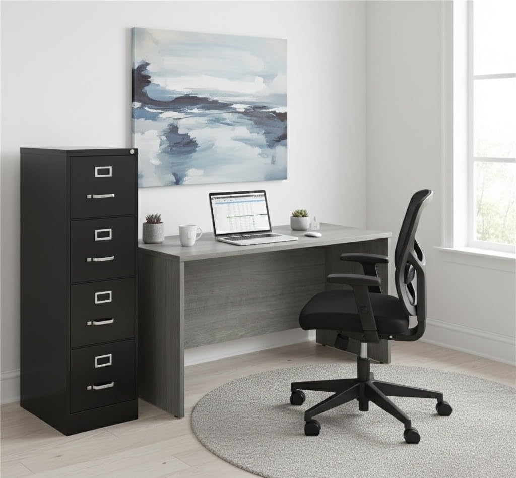 Scranton & Co Set of 2 Engineered Wood Gray Credenza Desk & Metal Letter Width Vertical Black Filing Cabinet for Home Office/Workspace