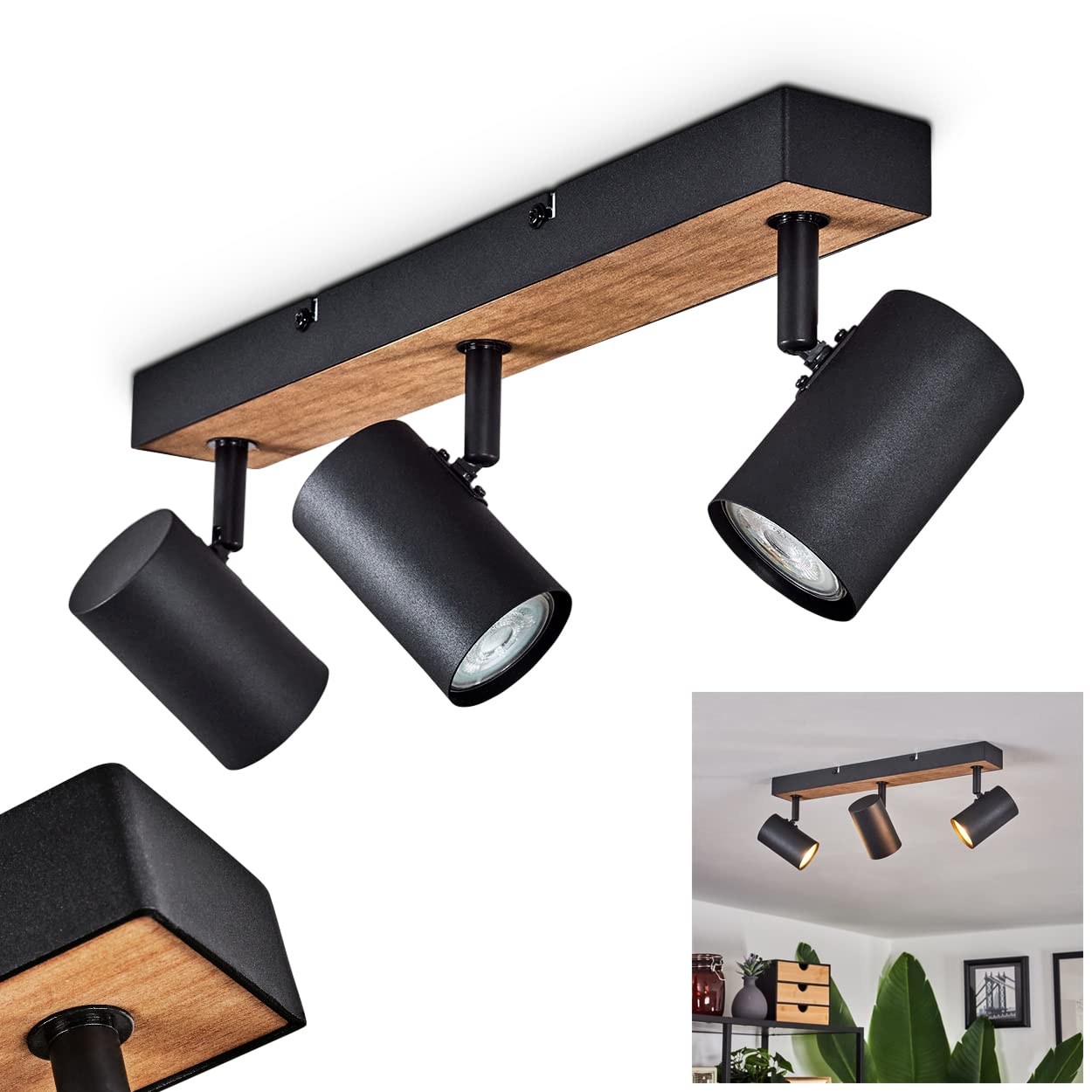 Ceiling Light Javel, Modern Ceiling lamp Made of Metal/MDF in Black/Brown/Wood Look, Modern Light with Adjustable spotlights, 3-Flame, 3 x GU10, Without Bulbs