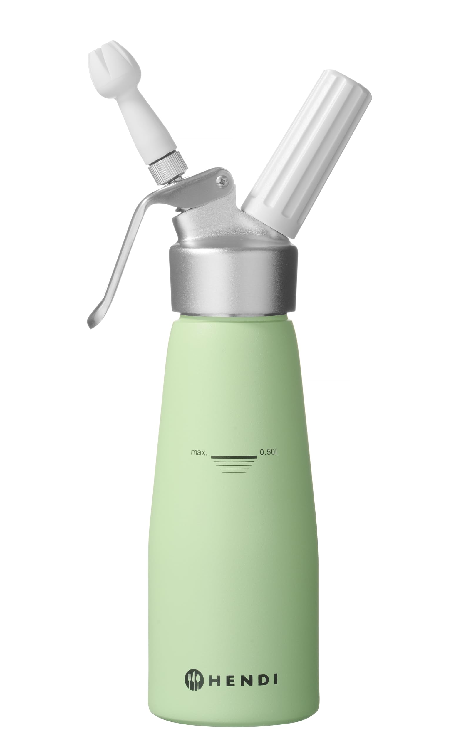 HENDI Sifone da cucina per panna montata, con 3 beccucci decorativi in polipropilene e spazzolina per la pulizia, sifone panna montata, 0,5L, ø80x(H)260mm, alluminio, verde pastello