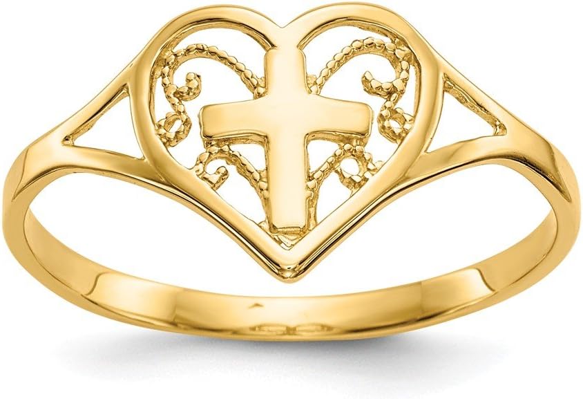 Solid 14k Yellow Gold Polished Love Heart w/Cross Crucifix Ring (2mm)