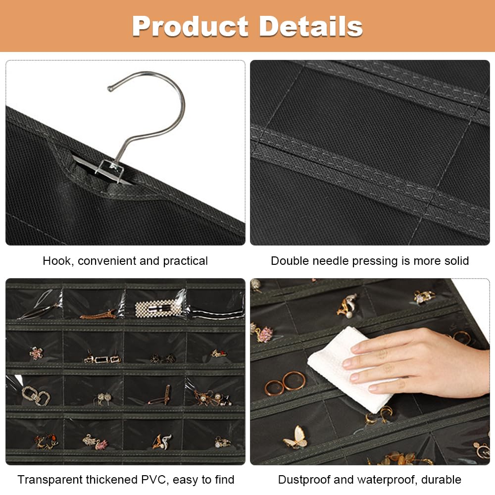 YDAKGUEY Hanging Jewellery Organiser, 2 Pcs Double-Sided Earring Storage with 80 Clear Pockets - Image 3