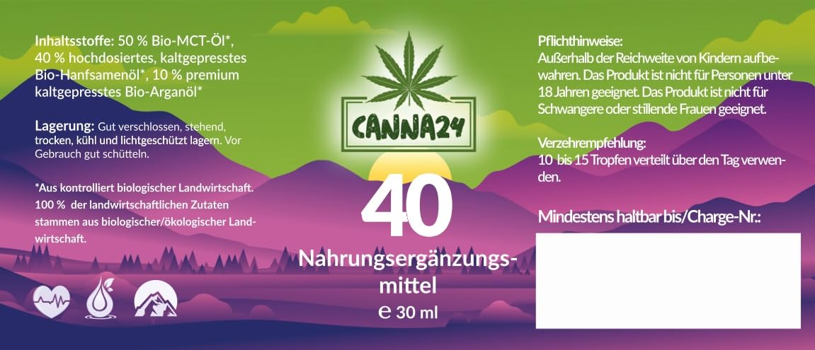 CANNA24 - Huile de graines de chanvre Vital n ° 40 avec 30 ml (750 gouttes) extra forte et à fortes doses, huile de graines de chanvre Vital, 100% naturel, gouttes de chanvre avec oméga 3-6-9