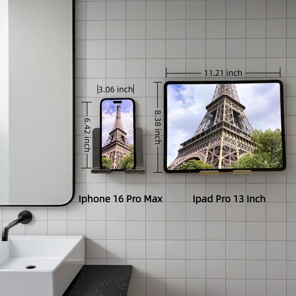 Large Wall Mount Phone Holder with Mirror, Extra Large Anti-Slip Panel, Strong Adhesive Phone Stand for Bathroom Kitchen Bedroom, Fits Phones & Tablets (4.72 x 4.13 inch)
