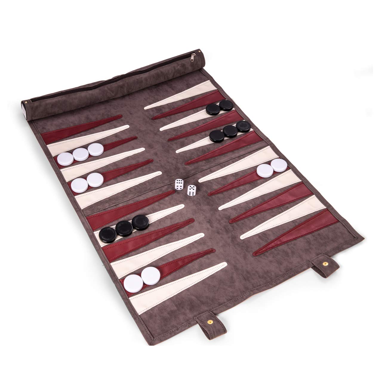 Bey-Berk Grey Suede Roll-Up Backgammon Travel Set w/Playing Pieces