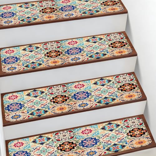Mexpekil Peldaños antideslizantes para peldaños de madera, paquete de 15 alfombras de 76 x 20 cm (azulejos de cerámica mexicana bohemios)