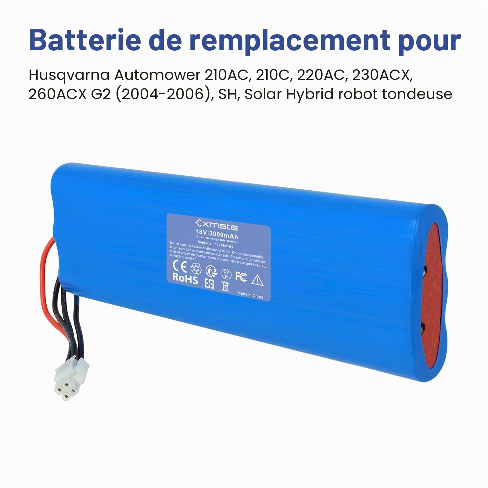 Exmate Batterie NiMH 18 V 3000 mAh compatible avec Husqvarna Automower 210AC, 210C, 220AC, 230ACX, 260ACX, G2 2004-2006, SH, robot tondeuse hybride solaire