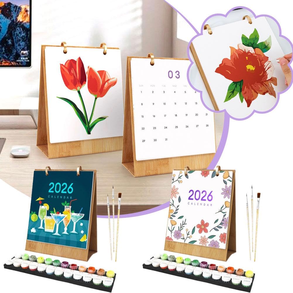 Paint By Numbers Desk Calendar 2026 Nixegym - 7.1x8.8 Inch Monthly Calendar With Pre-Printed Flower Canvas, Paints & Brushes, DIY Office Decor Paint By Numbers Kit - View #5