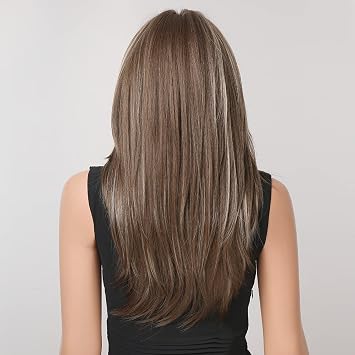 HAIRCUBE Dark Brown Wigs for Women,Long Layered Brown with Highlight Wigs with Bangs Heat Resistant Synthetic Fibre Wigs(pelucas de cabello natural)