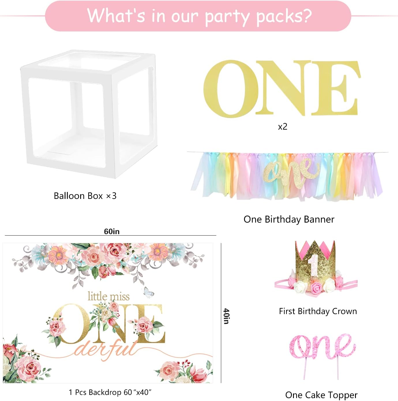 First Birthday Decorations Girl - 1st Girl Decorations Include Balloon Garland Arch, Box, Backdrop, Hat, Banner, High Chair Banner, Poster, Topper, Baby Girl 1st Party Decorations