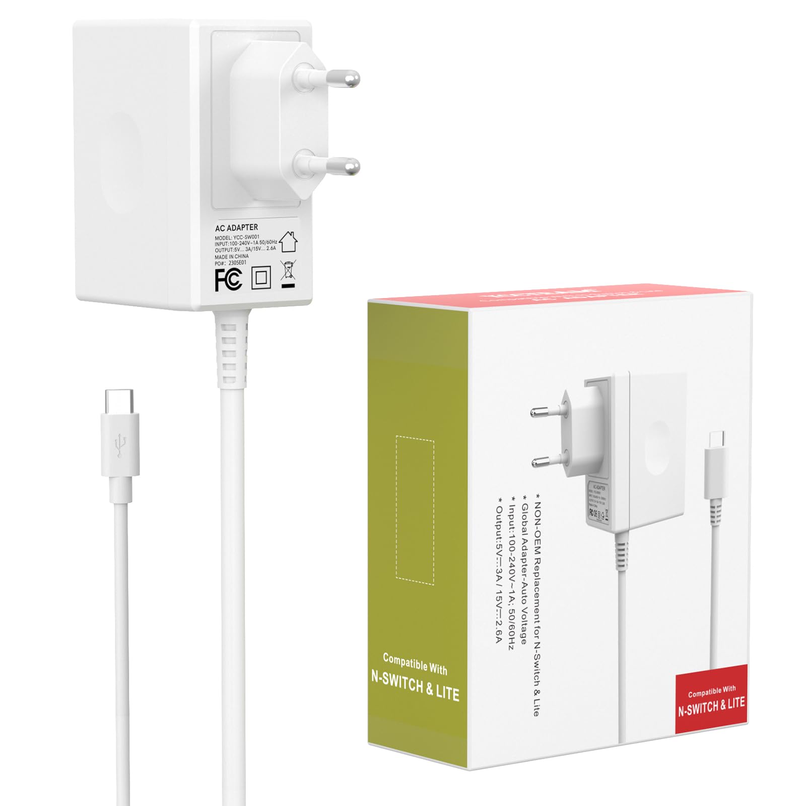 Cargador para Nintendo Switch Console Adaptador de Corriente para Nintendo Switch/Switch OLED/Lite, Modo TV 15 V/2,6 A de Carga rápida con Cable de 1,5 m/5 ft (Blanco)