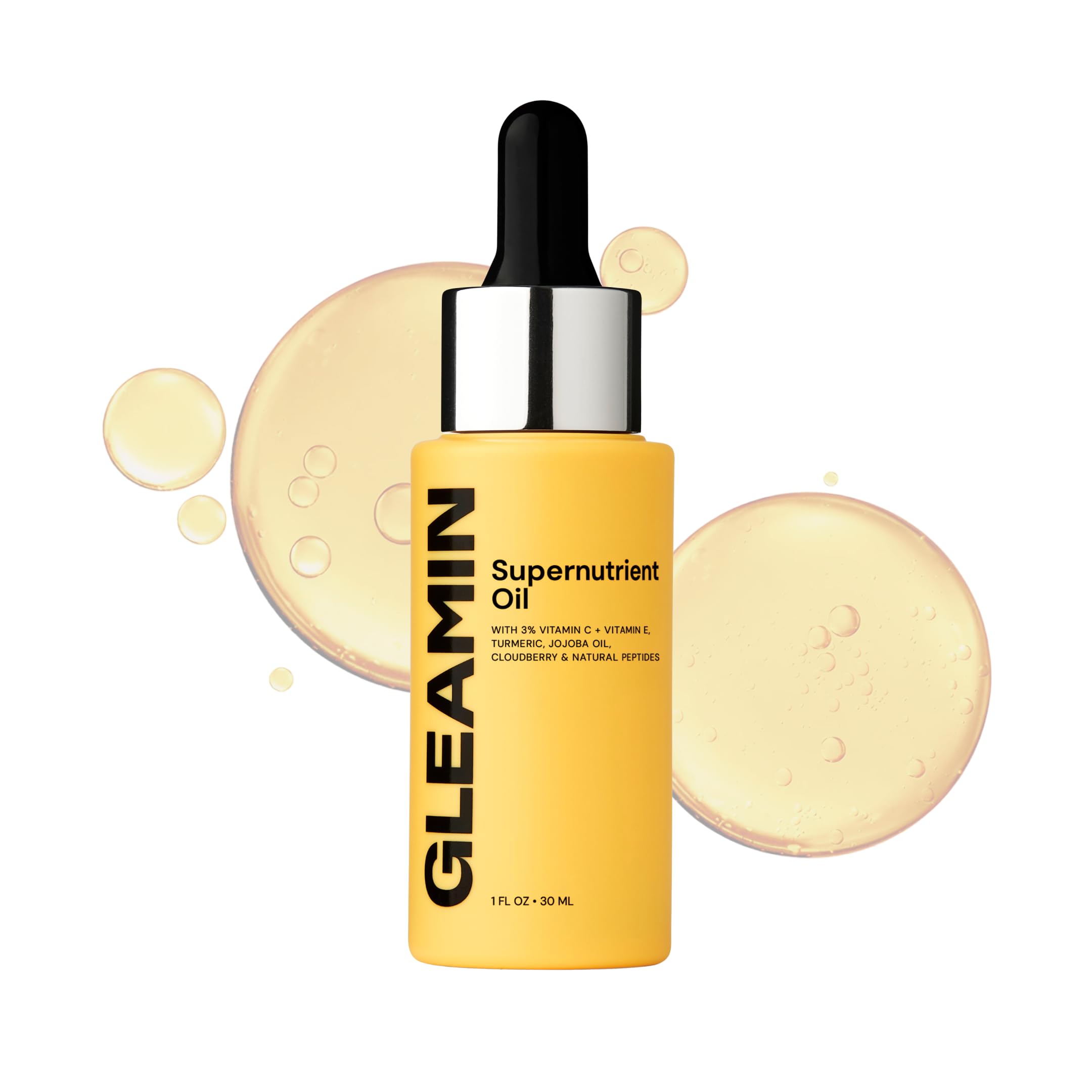 Gleamin Brightening Face Oil with Vitamin C, Vitamin E, Jojoba Oil, Cloudberry, Peptides & Turmeric – Hydrating, Skin Firming Oil for Dull Skin & Dark Spots | Fragrance-Free Facial Oil, 1 fl
