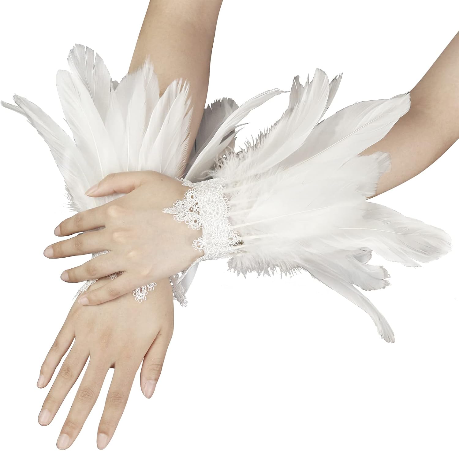 JEGERMIG Black Lace Feather Gloves Cuffs for Women Cosplay Costume Accessories with Swan Wrist Bands