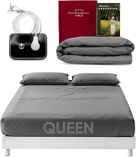 Miniatura 7 de Earthing - Hojas de tierra tamaño Queen (gris)  Hoja de tierra suave de 400 hilos con algodón y fibra plateada, hojas de puesta a tierra con cable