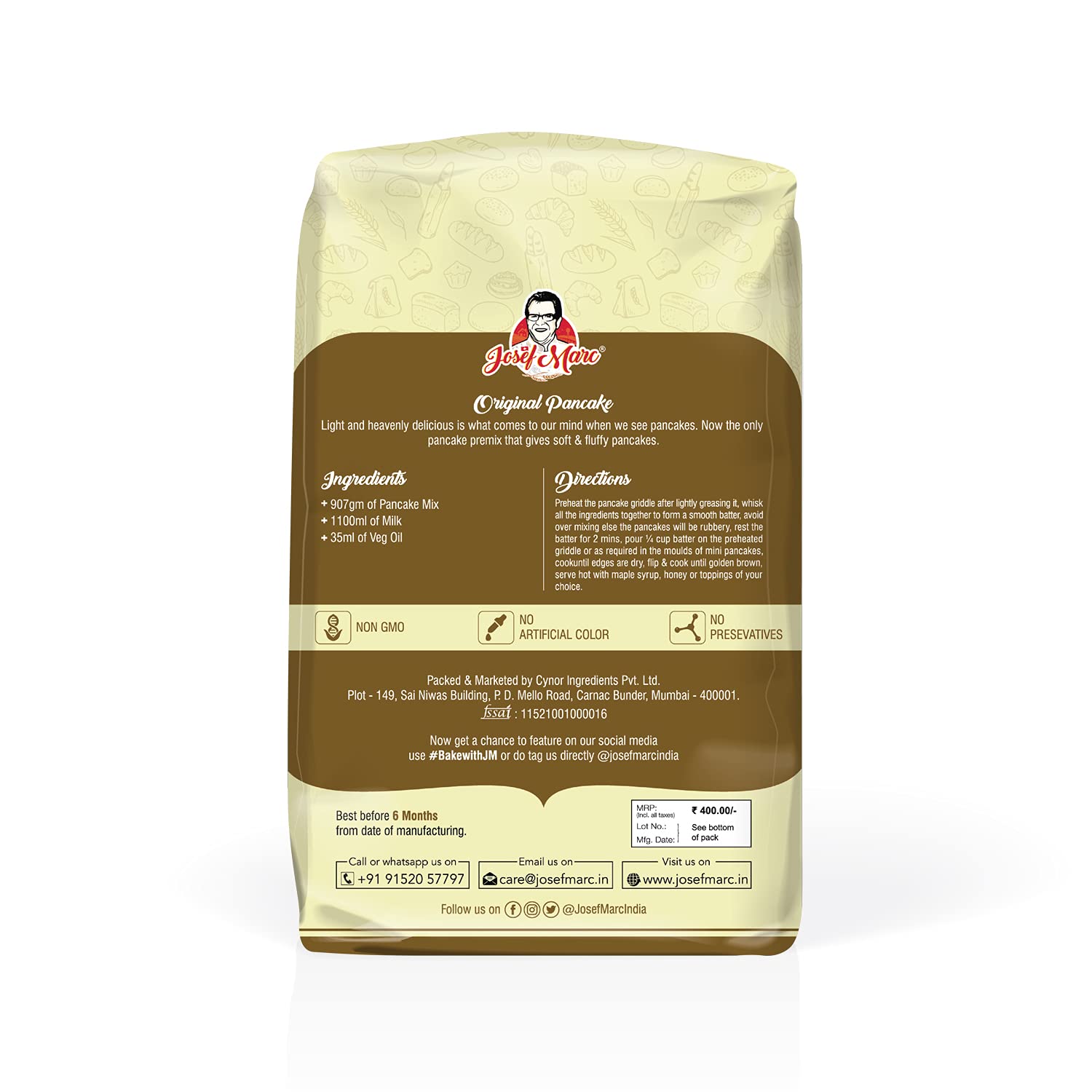 JOSEF MARC Original Pancake Mix, 2 LBS (907g) - Egg Less Pancake Mix ,just Add Water, Formulated in Switzerland
