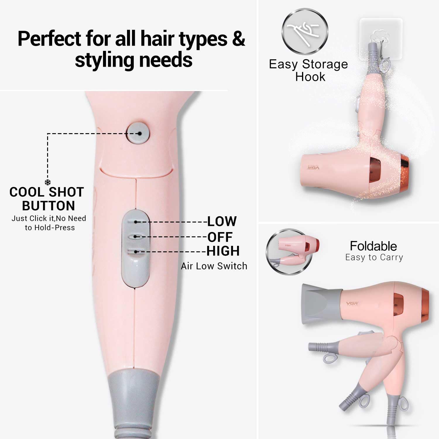 VGR V-432 Professional 1000 Watts Foldable Hair Dryer for Women & Men, Overheating Protection Technology,2 Speed settings, Independent Cool Shot, Detachable Nozzles,1.8 m Cable (Pink) 1 Year Warranty : Amazon.in: ब्यूटी