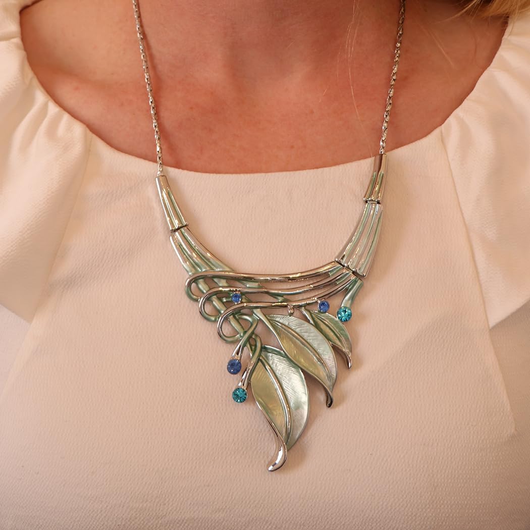 Rosemarie & Jubalee Women's Unbe-leaf-ably Stunning Crystal Rhinestone Accented Textured Metal Leaf Statement Necklace Earrings Set, 14"+3" Extender - Image 2