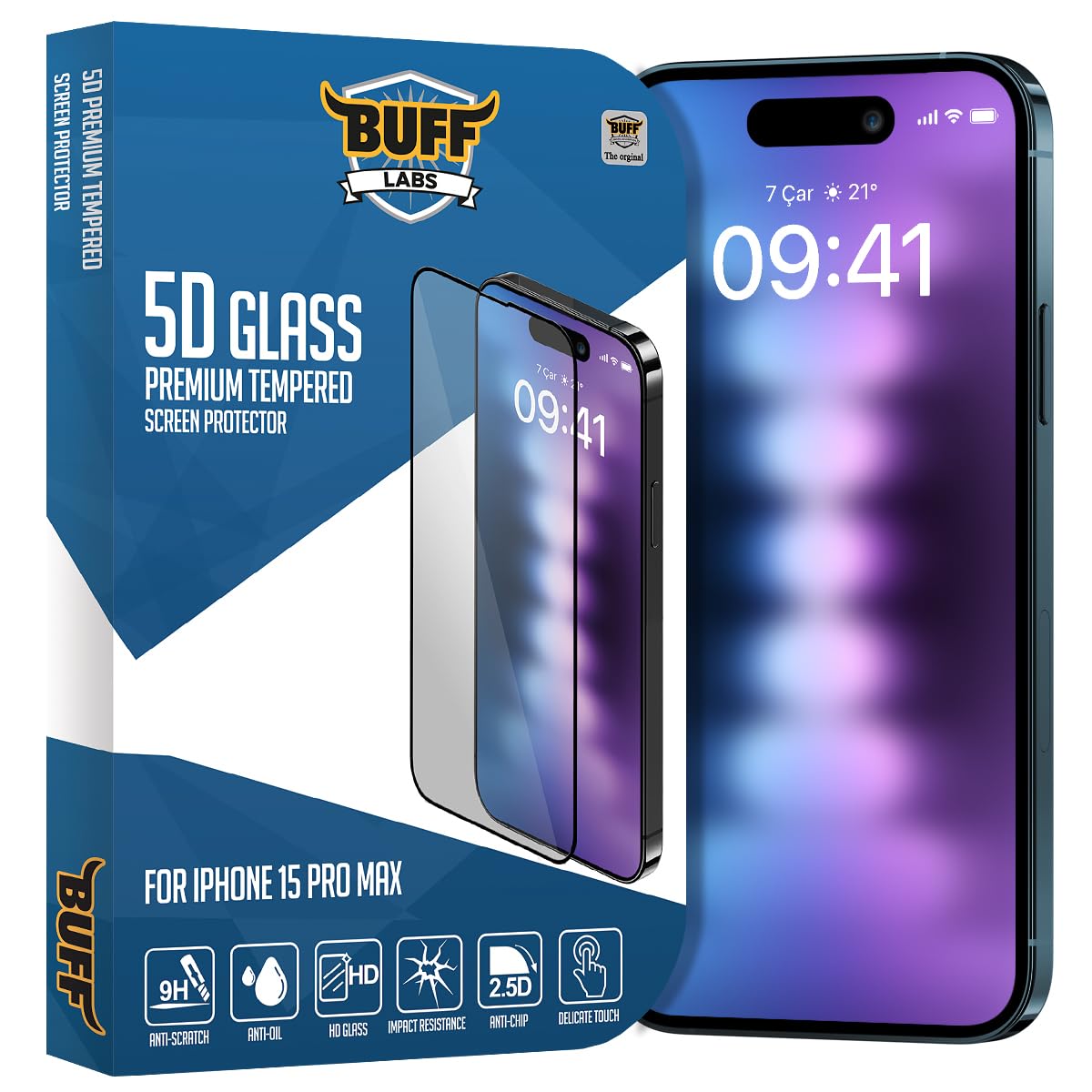 BUFF LABS Buff iPhone 15 Pro Max ile Uyumlu 5D Glass Ekran Koruyucu, Şeffaf