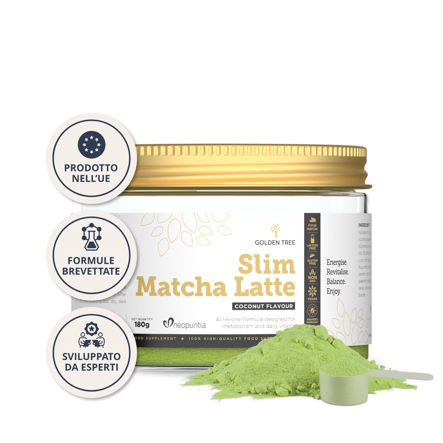Golden Tree Slim Matcha Latte – Matcha Polvere, 180 g, 30 Porzioni | Latte di Cocco, L-carnitina, Fico d’India e Vitamina C, Polvere di Tè Verde, 2% di Caffeina