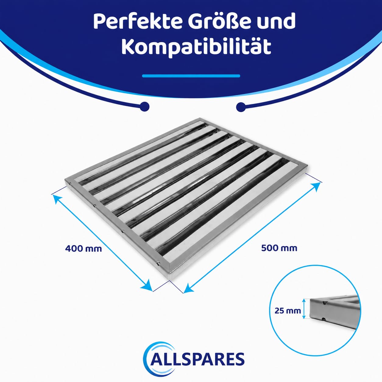 AllSpares Metallfettfilter Flammschutzfilter Typ B für Dunstabzugshauben aus Edelstahl AISI 304 | Effektiver Fettfilter für Gastro Abzugshaube | 500 x 400 x 25 mm
