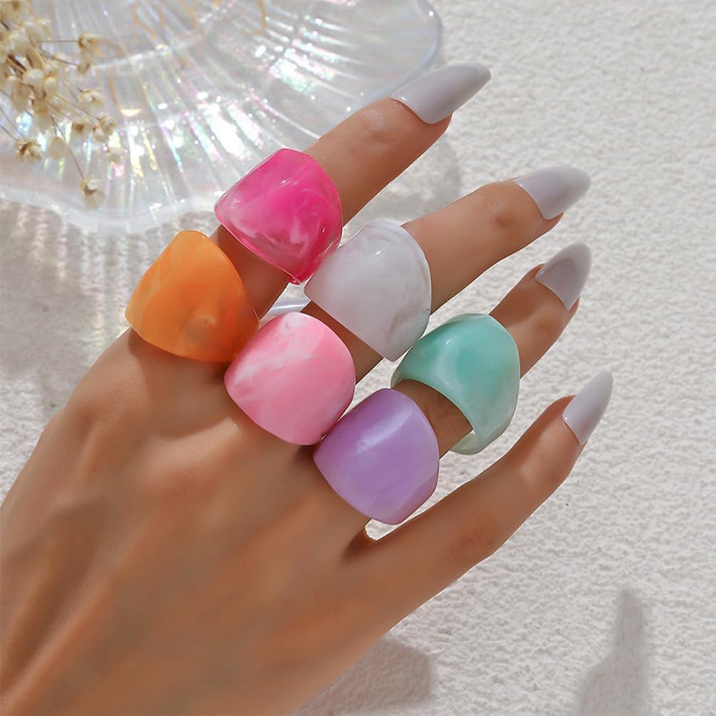 6Pcs Chunky Colorful Resin Stackable Knuckle Rings Set for Women Fashion Rainbow Acrylic Stack Thumb Ring Pack Aesthetic Statement Finger Jewelry Accessories - Image 3