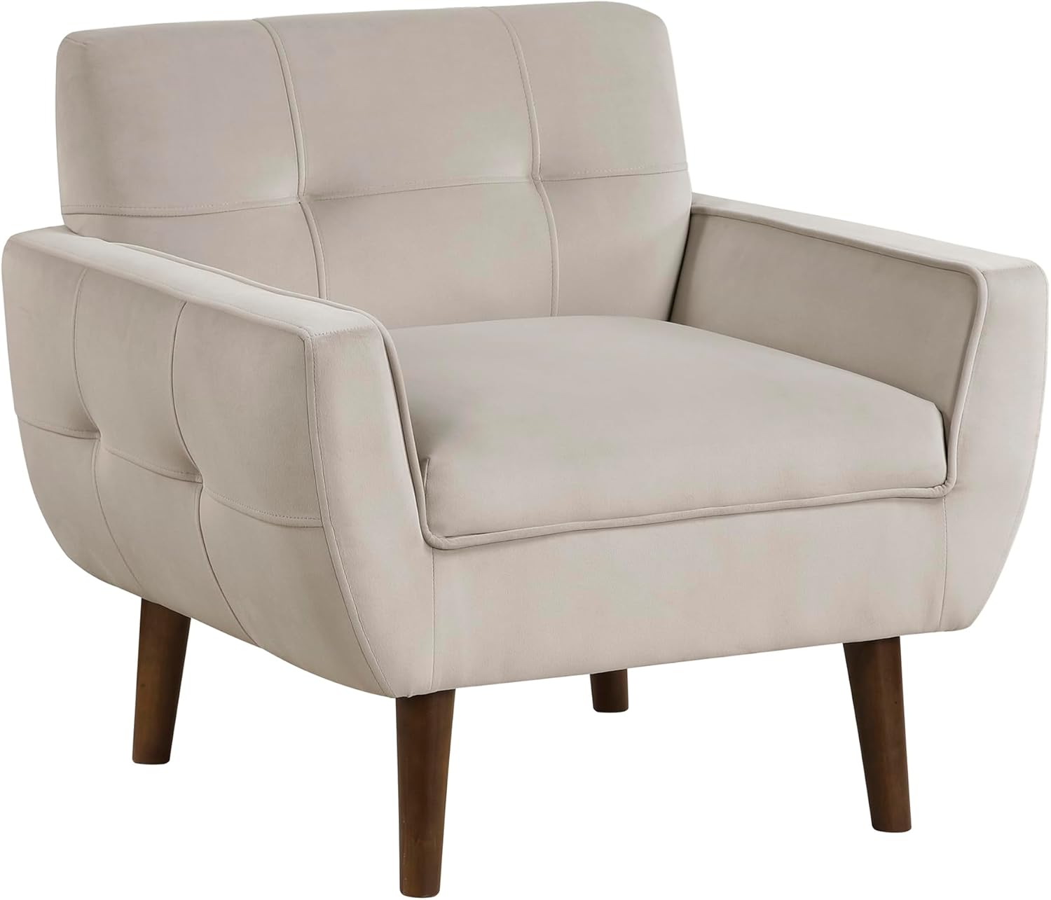 Lexicon Mid Century Modern Accent Chair with Dark Brown Solid Wood Leg, Velvet Upholstered Living Room Chair Lounge Arm Chair, Tufted Detail Single Sofa Chair, Comfortable Reading Chair, Brown