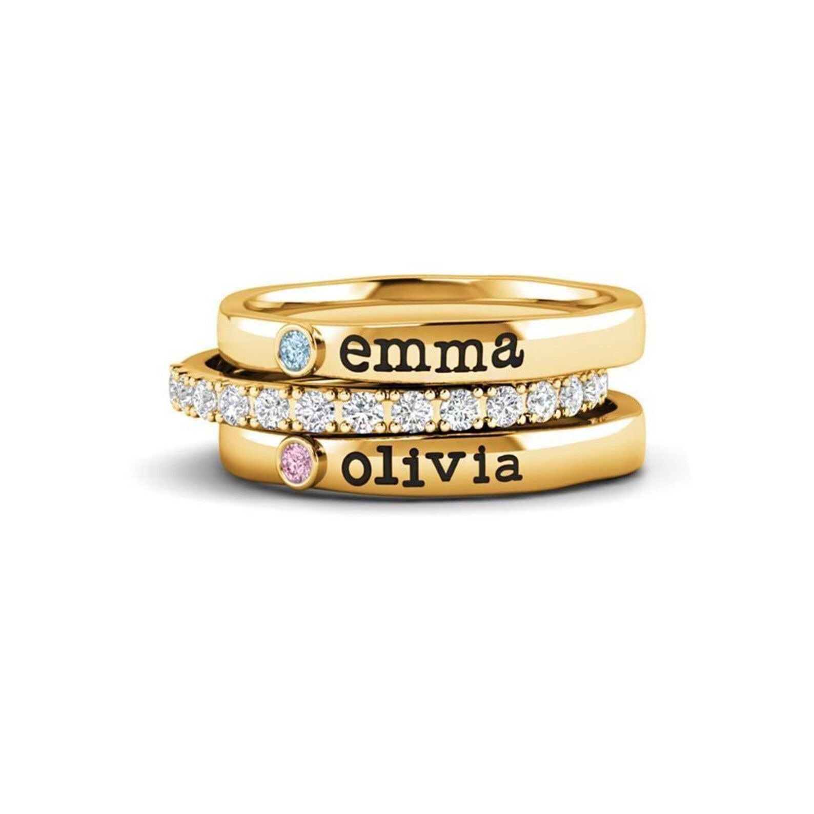 Juego de 3 anillos apilables personalizados con nombres y piedras de nacimiento, regalo familiar para mujer