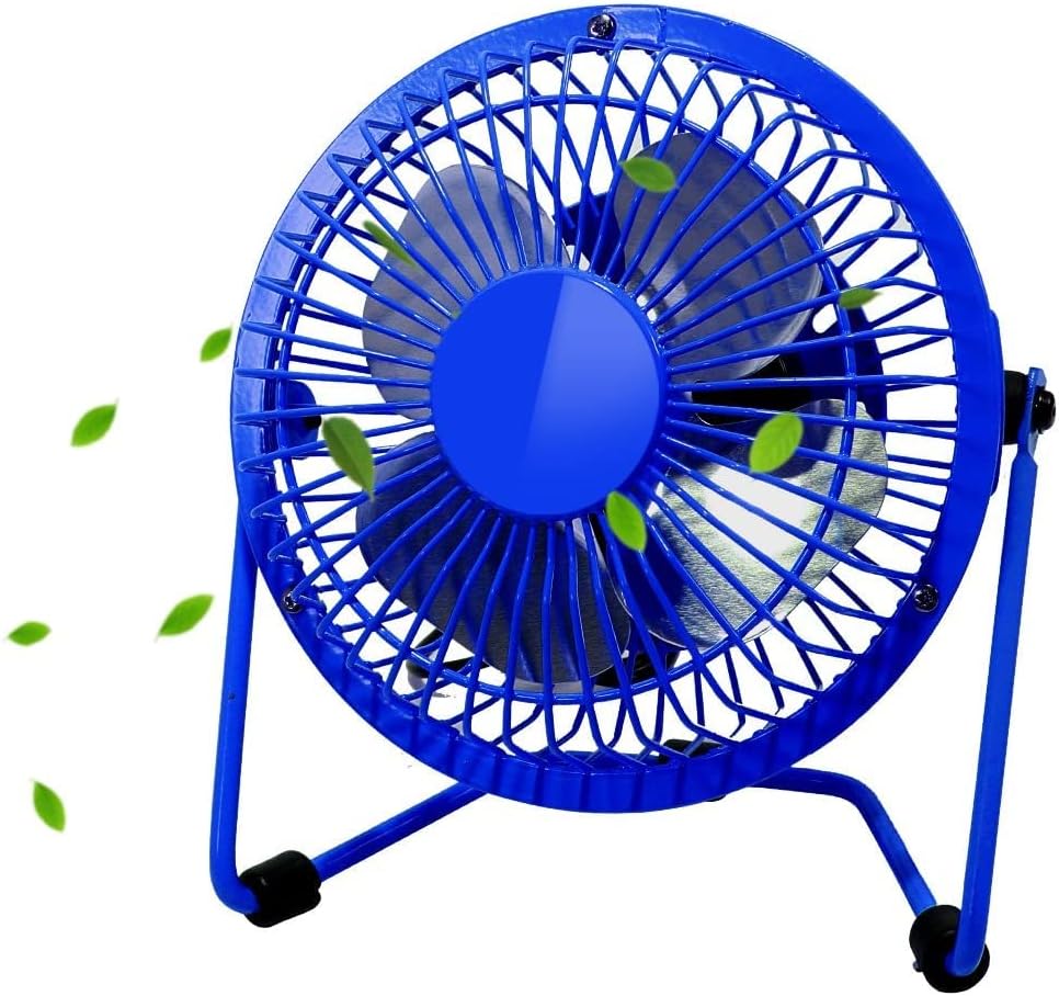 GLAMOURIC Metal Desk Fan Small Table Fan 4 Inch Mini Portable Size USB Powered Quiet Airflow Personal Cooler Air Circulator 360° Rotation for Office Home Study Travel (Blue)