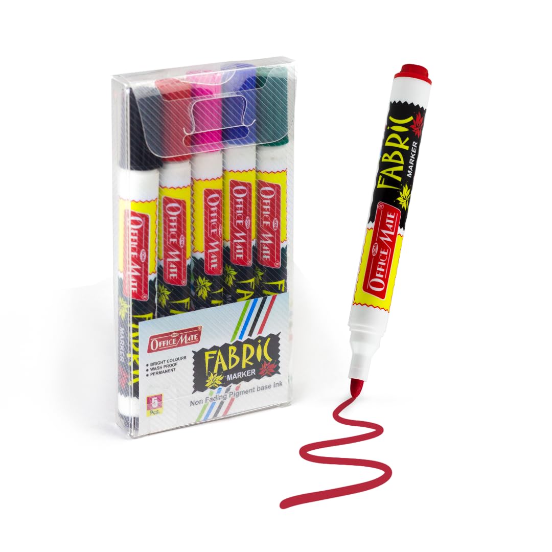 Soni Officemate Fabric Marker | Wash-Resistant & Non-Toxic Ink | Ideal for T-Shirts, Tote Bags, Jeans & Canvas Art | 4.43 mm Bullet Tip | Pack of 5 (Multicolour)