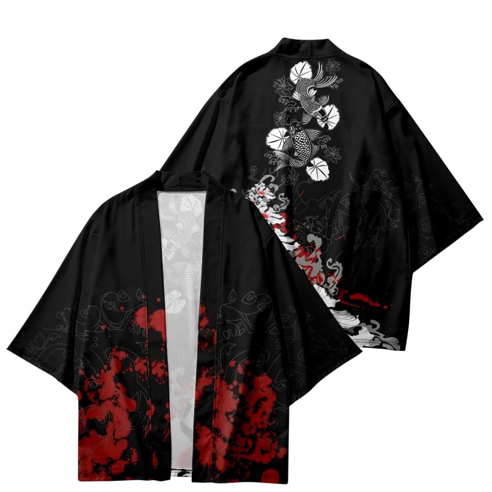 Uplateng Men's Kimono Cardigan Japanese Men Yukata Harakuju Japanese Clothes Samurai Costume Anime Kimono Streetwear Haori Male S-6XL (B,L)