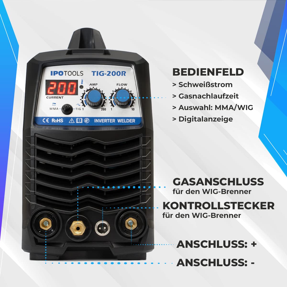 IPOTOOLS TIG 200R WIG - Equipo de soldadura TIG WIG (200 A, totalmente digital, incluye casco de soldadura automático, encendido por radiofrecuencia, mano electrónica de MMA, IGBT, 7 años de garantía)