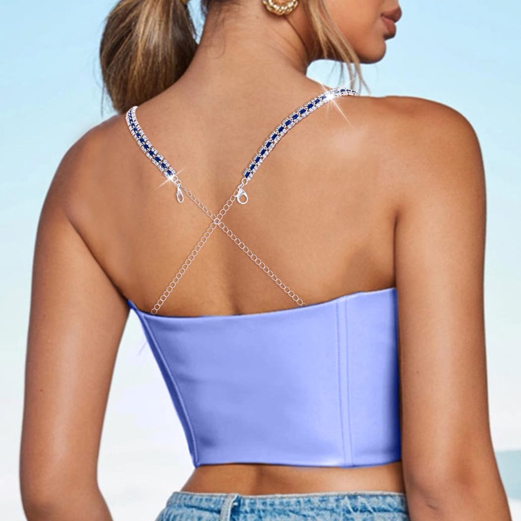 IYOU Sparkly Rhinestone Bra Straps Blue Crystal Bra Underwear Straps Invisible Bikini Shoulder Chain Accessories for Women Bra Tops Dress(2 Pcs) - Image 4